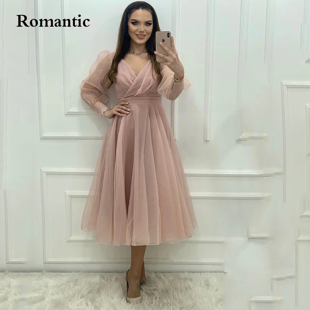 

Romantic A Line Tulle Evening Dress 2022 Tea Length V Neck Puff Sleeves Short Prom Gowns Sauid Arabia For Teen Girls Gradution