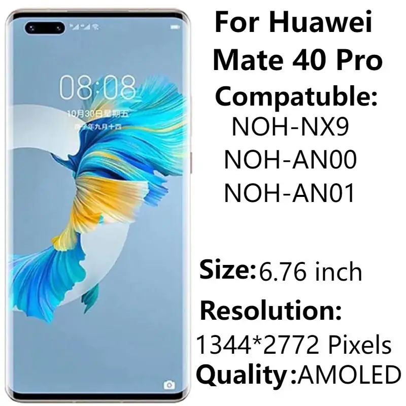 

AMOLED 6.76" For Huawei Mate 40 Pro NOH-NX9 NOH-AN00 LCD Display With Frame Touch Screen Digitizer Assembly Replacement Parts