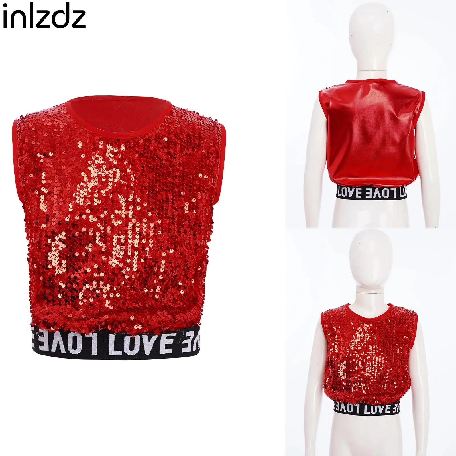 

Boys Girls Hip-Hop Jazz Dance Costume One Shoulder Lace-up Sleeveless Sequins Vest Letter Printed Hem Crop Top Kids Dancewear