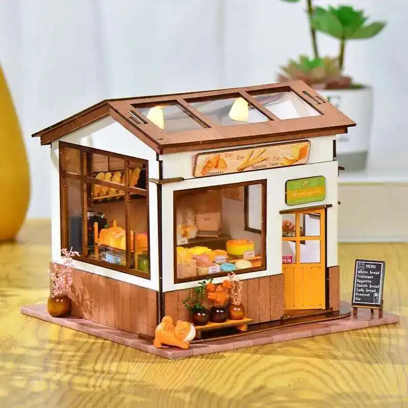 

DIY Wooden Miniature Model Kit Brown's Bakery Casa Doll Houses Assembled Dollhouses 3D Puzzle With Furniture Home Decor Gifts