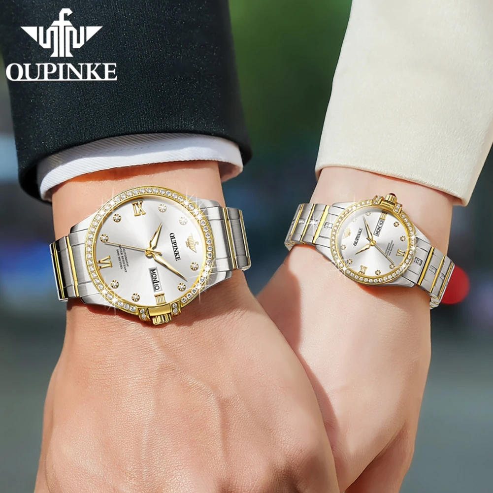 OUPINKE 3195 Men's Watch Luxury Gold Diamond Couple Watch Imported Movement Watch Women's Elegant Romantic Couple Watch Gift Set