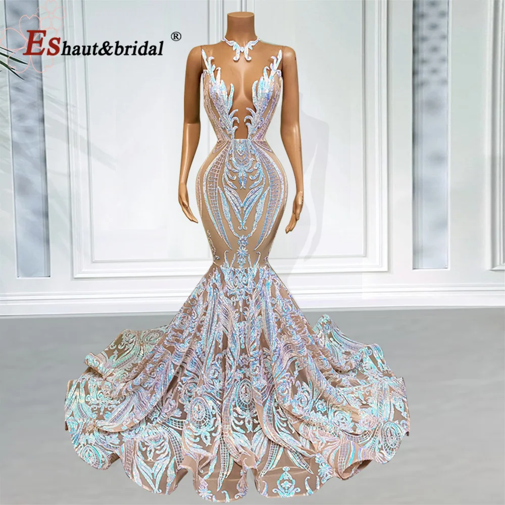 Elegant Mermaid Sequin Prom Party Dresses for Women 2023 O-neck Sleeveless African Black Girls Long Formal Wedding Evening Gown