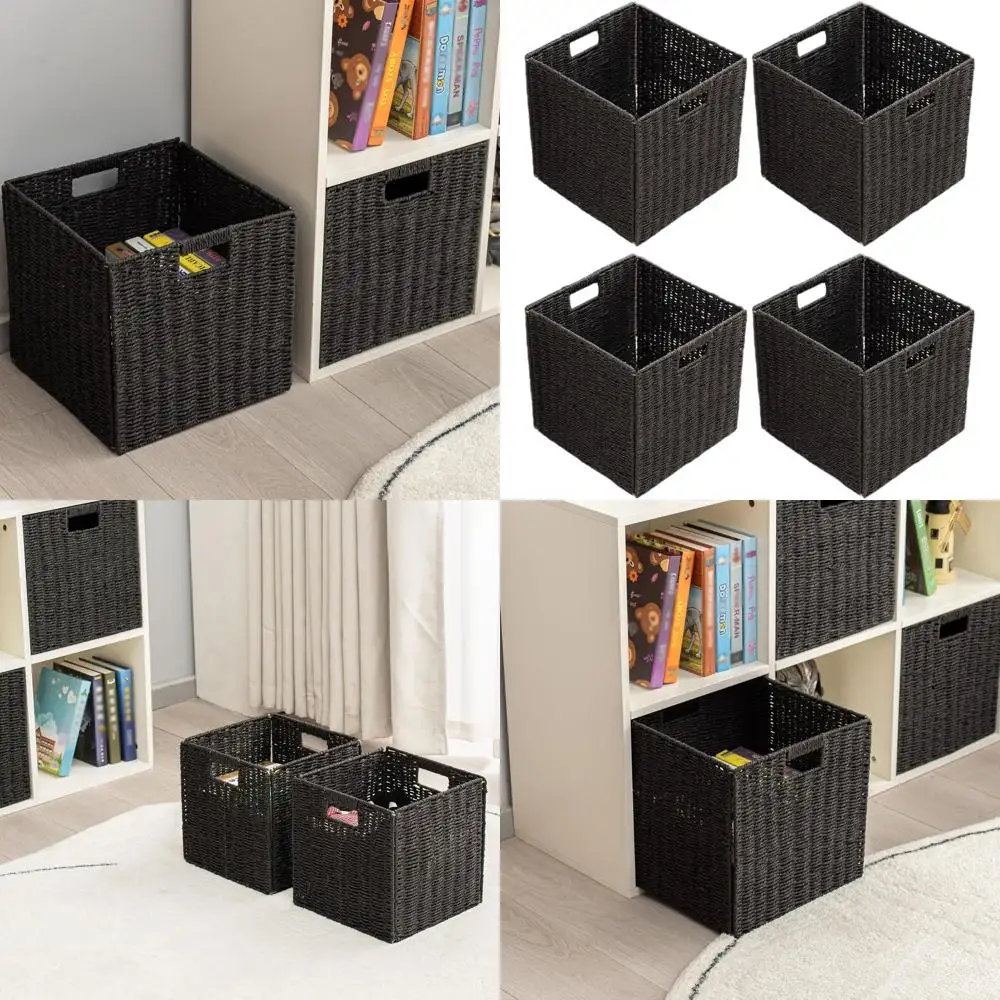 

Set of 4 Foldable Paper Woven Baskets for Storage, 13 x 13 x 13, Ideal for Home, Clothes, Books, and Toys (Black)