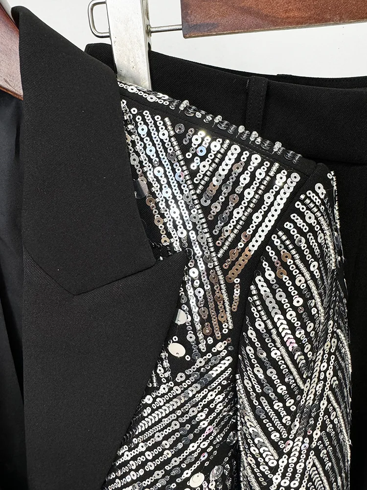 HIGH Quality White Beaded Embroidery Sequins Pants Sets Women 2 Piece Outfits Blazer Pantsuits for Women Suits Outfits Black