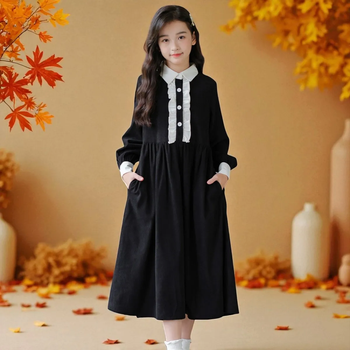 

Kids Black Long Dresses for Girls Party Maxi Princess Dress Teenagers School Uniform Children Costumes 6 7 8 9 10 11 12 13 Years