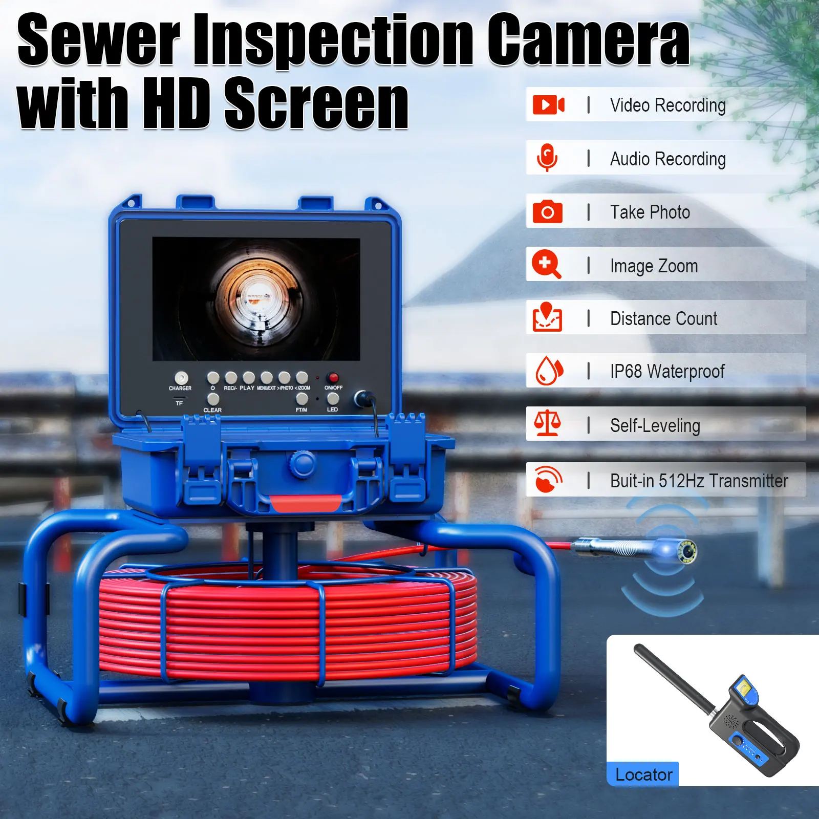 Sewer Pipe Inspection Camera With Meter Counter And Self-Leveling 512HZ Locator 9 inch DVR Waterproof  Video Endoscope Camera