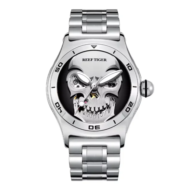 

Reef Tiger Men Automatic Watch Fashion 44mm Mechanical Wristwatch Sapphire Mirror Luminous Skeleton Skull Dial