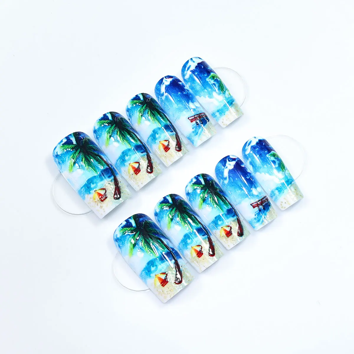 Square Press on Nails Summer Beach Fake Nail Tips Coconut Tree Print Wearable Detachable Sweet Cool False Nails Tips - Detail 1