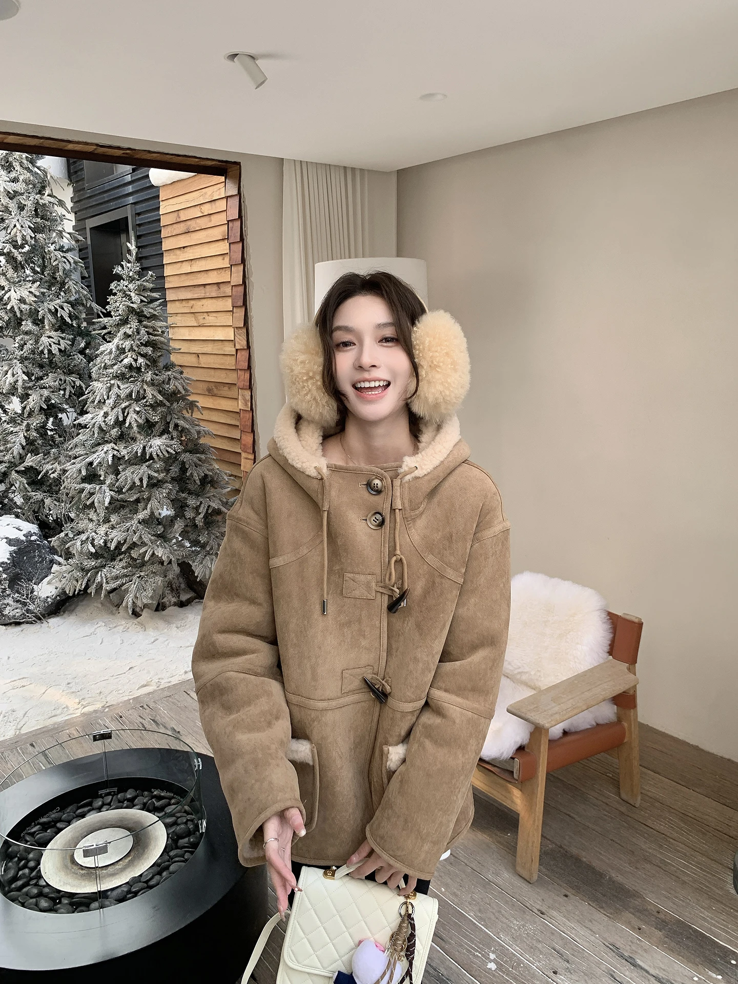 Retro thiened pele de cordeiro casaco feminino coreano sle inverno camurça calor outerwear suporte ajuste longo sve com capuz comprimento médio