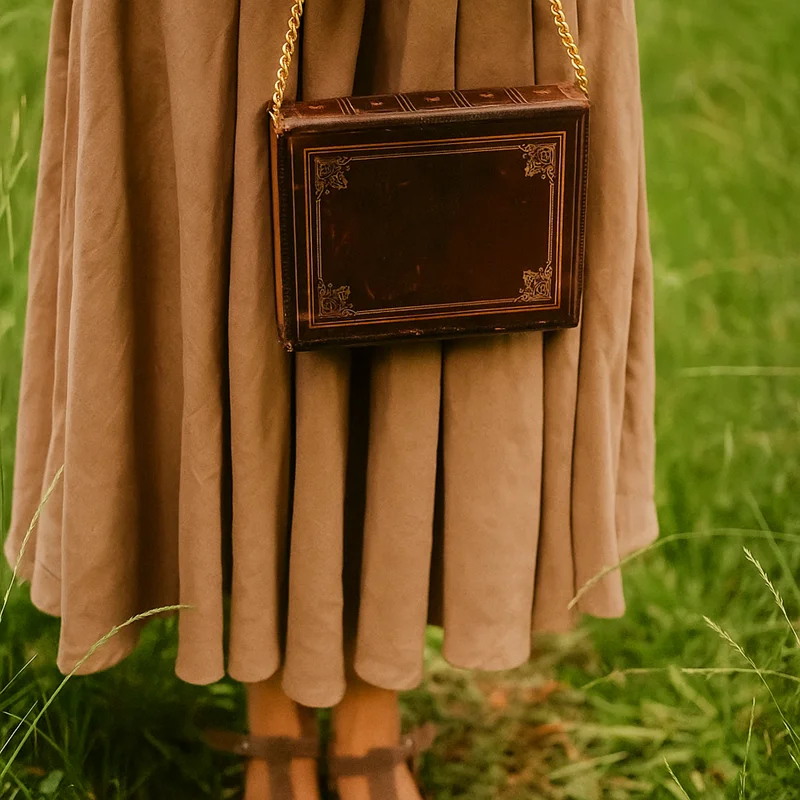 Book Look Handbag Old Brown Leather Book with Gold Design Shoulder Bag Purse
