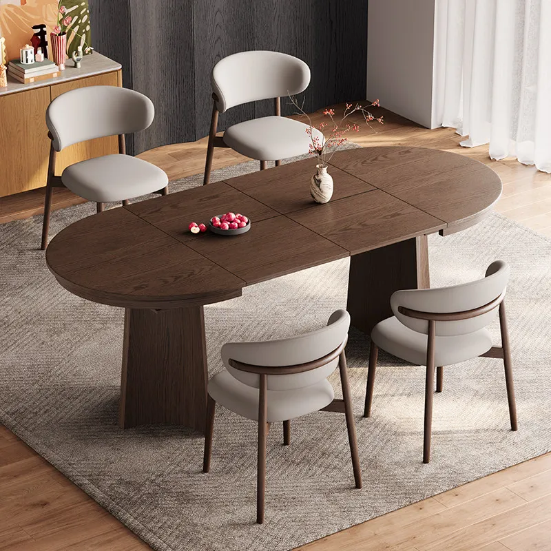 LMM solid wood telescopic variable round table modern simple folding dining table and chair combination