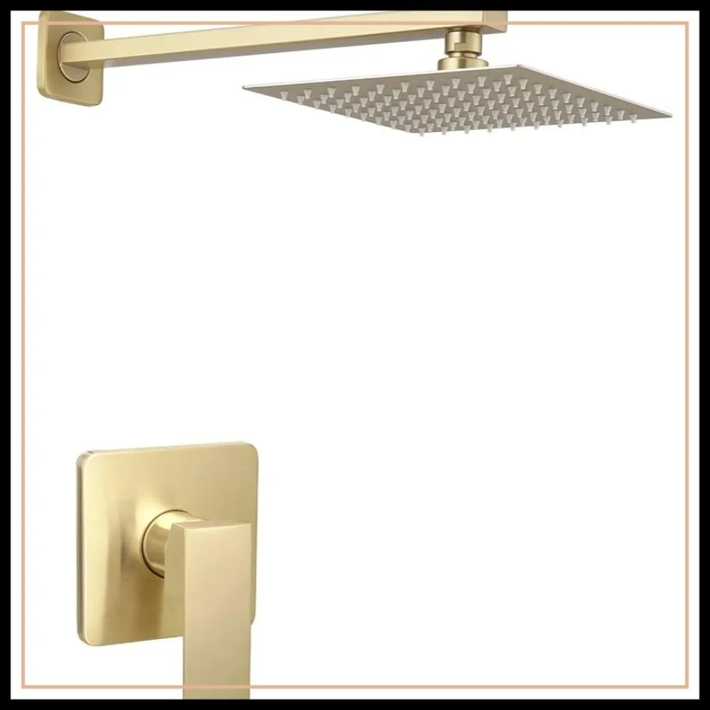 

Square Rainfall Shower Head Set with Extra Long Arm, Single Function Trim Kit, Rough-in Valve Included, Brushed Gold Finish