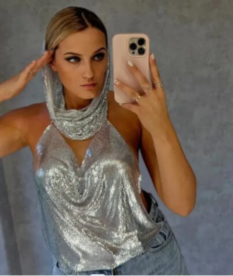 Fashion Metal Sequined Y2k Women Crop Top Tank Tops with Headscarf Metallic Sequins Sexy Backless Hollow Out Halter Corset top