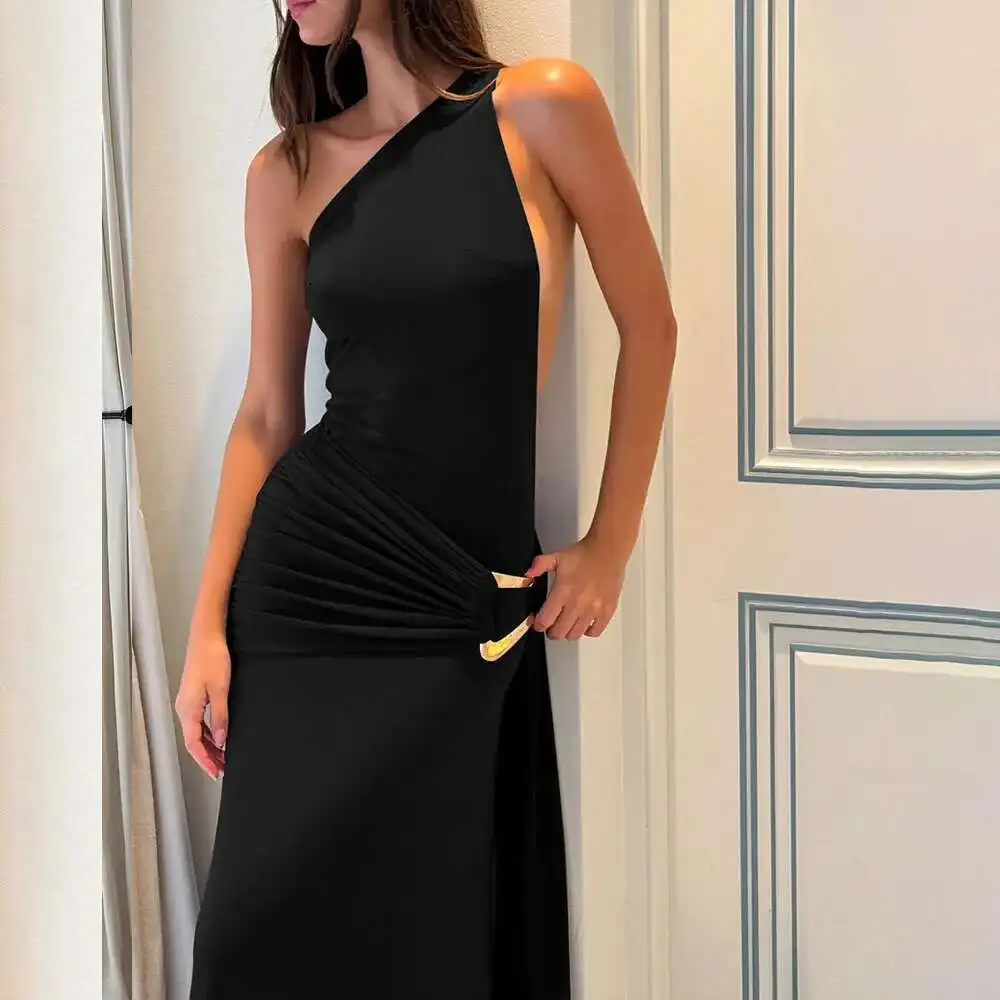

Elegant and New Fashionable Sloping Shoulder Women's Dress with Sexy Backless Metal Decoration and Slim Fit Solid Color Skirt