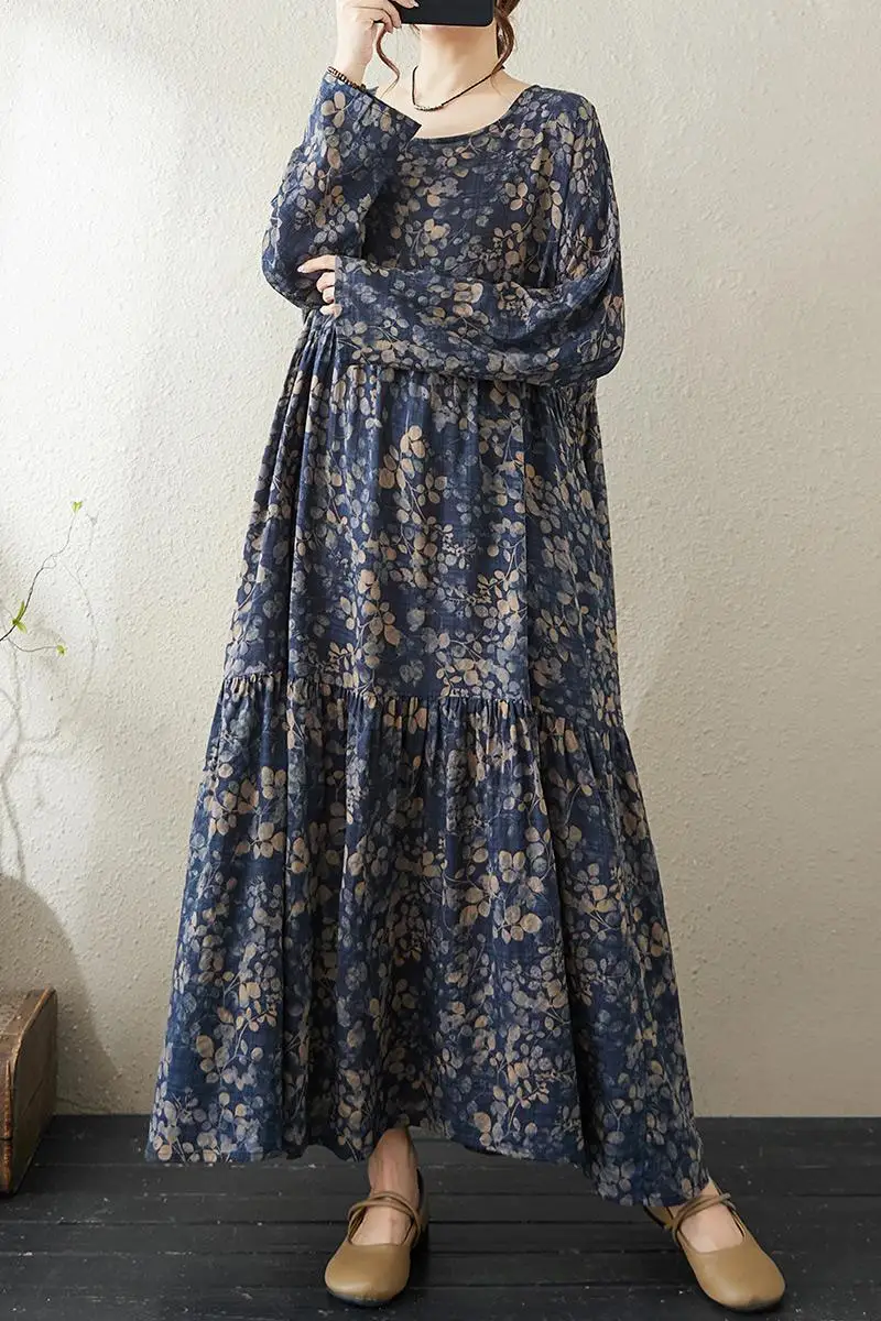 2024 autunno nuovo cotone sottile stampa retrò manica lunga allentato lungo Maxi abito Robe Streetwear Boho