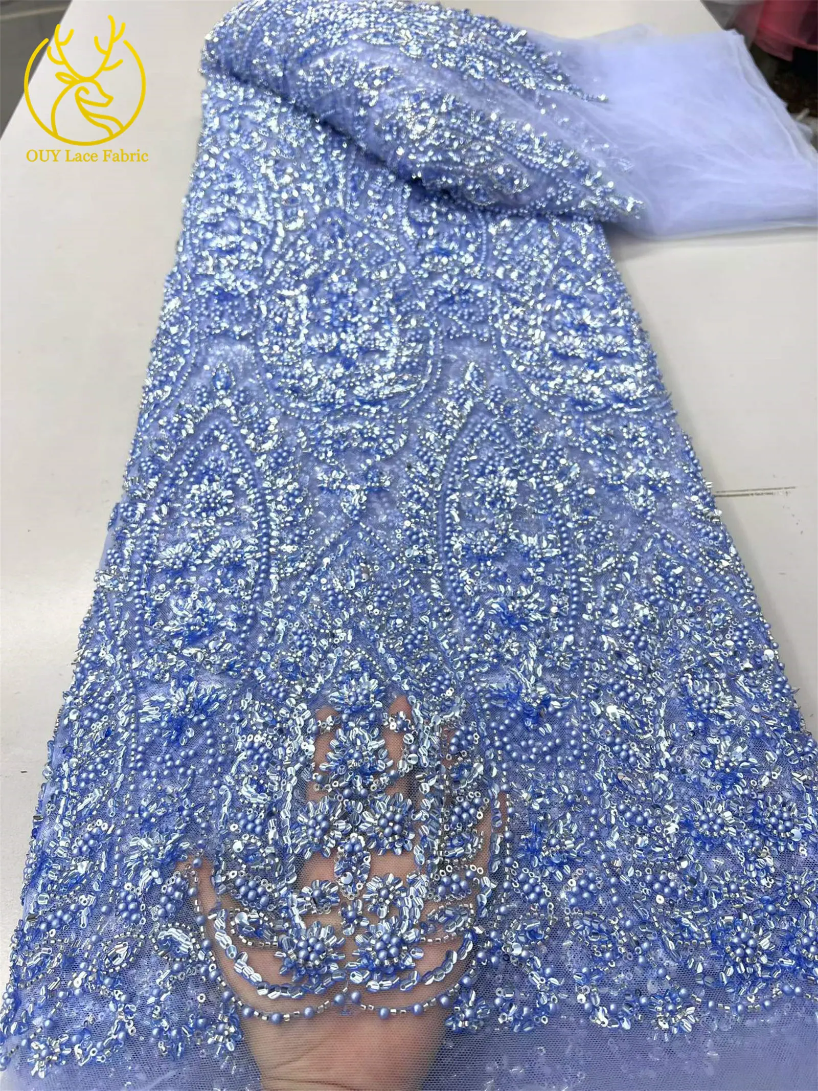 Nigerianischer Exquisiter Luxuriöser Spitzenstoff 2026, 5 Yards Afrikanischer Spitzenstoff mit Französischen Pailletten und Perlen, Tüllstoff für Kleider und Näharbeiten – Detail 9