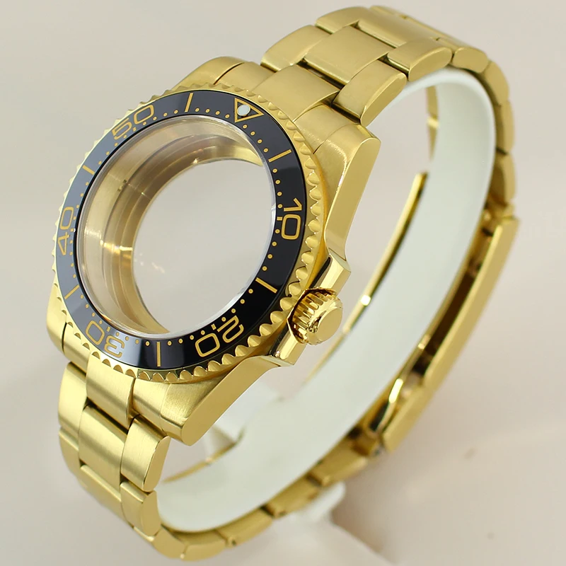 40 mm Uhrengehäuse Gold 316L Armband Saphir für NH35 NH36 Miyota8215 2824 Uhrwerk 28,5 mm Zifferblatt SUB Unidirektionale Keramiklünette
