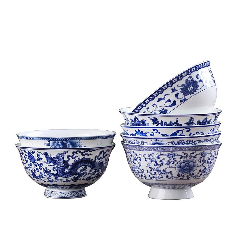 Household Chinese Blue And White Porcelain Rice Bowl Noodle Soup Bowl Jingdezhen Specialty High Legged Antique Bowl