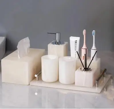 Light Luxury White Jade Stone Home Bathroom Wash Suit Bathroom Supplies Brush Tooth Cup Soap Bottle Soap Dish Toothbrush Holder