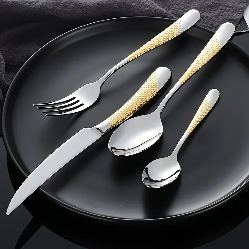 16pcs Kitchen Must Have Hammered Flatware,Golden Silvery Stainless Steel Flatware Set, Knives Forks Spoons Cutlery for Wedding