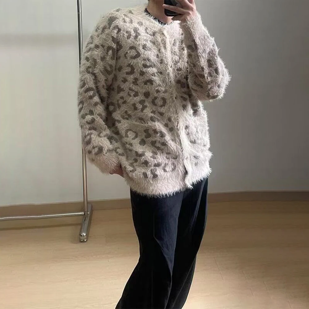 Mens Sweater Leopard Print Casual Sweater Spring Streetwear Fashion Youth Campus Valentines Cardigan Men'S Clothing 2025 New