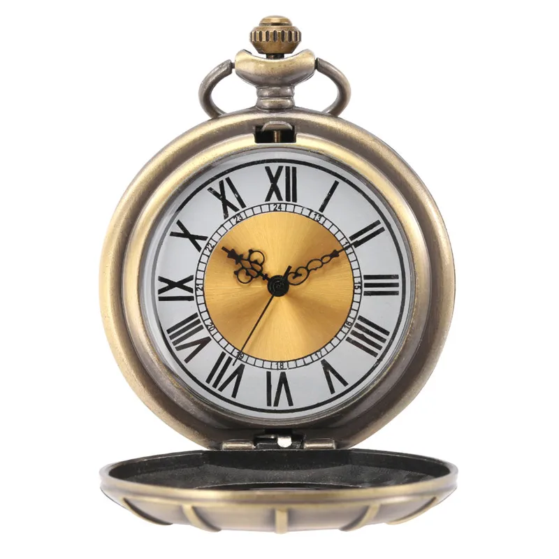 Bronze Transparent Cover Pocket Watch Men Women Quartz Movement Clock Roman Number Dial Necklace Chain Gift Reloj