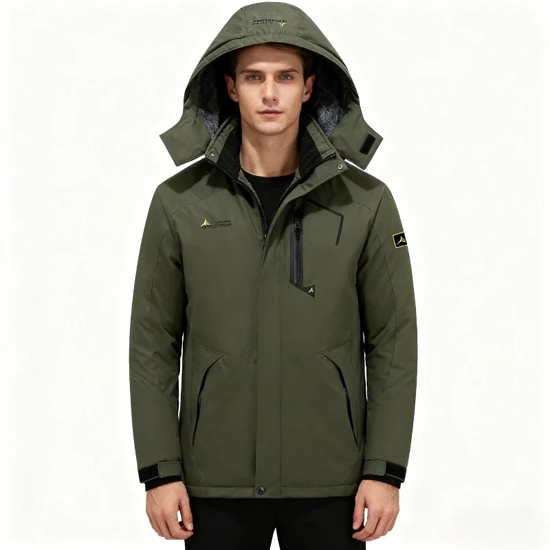 

2025 New Men's Outdoor Fleece-Lined Thick Winter Ski and Mountaineering Jacket, Warm and Cold-Resistant Cotton Coat
