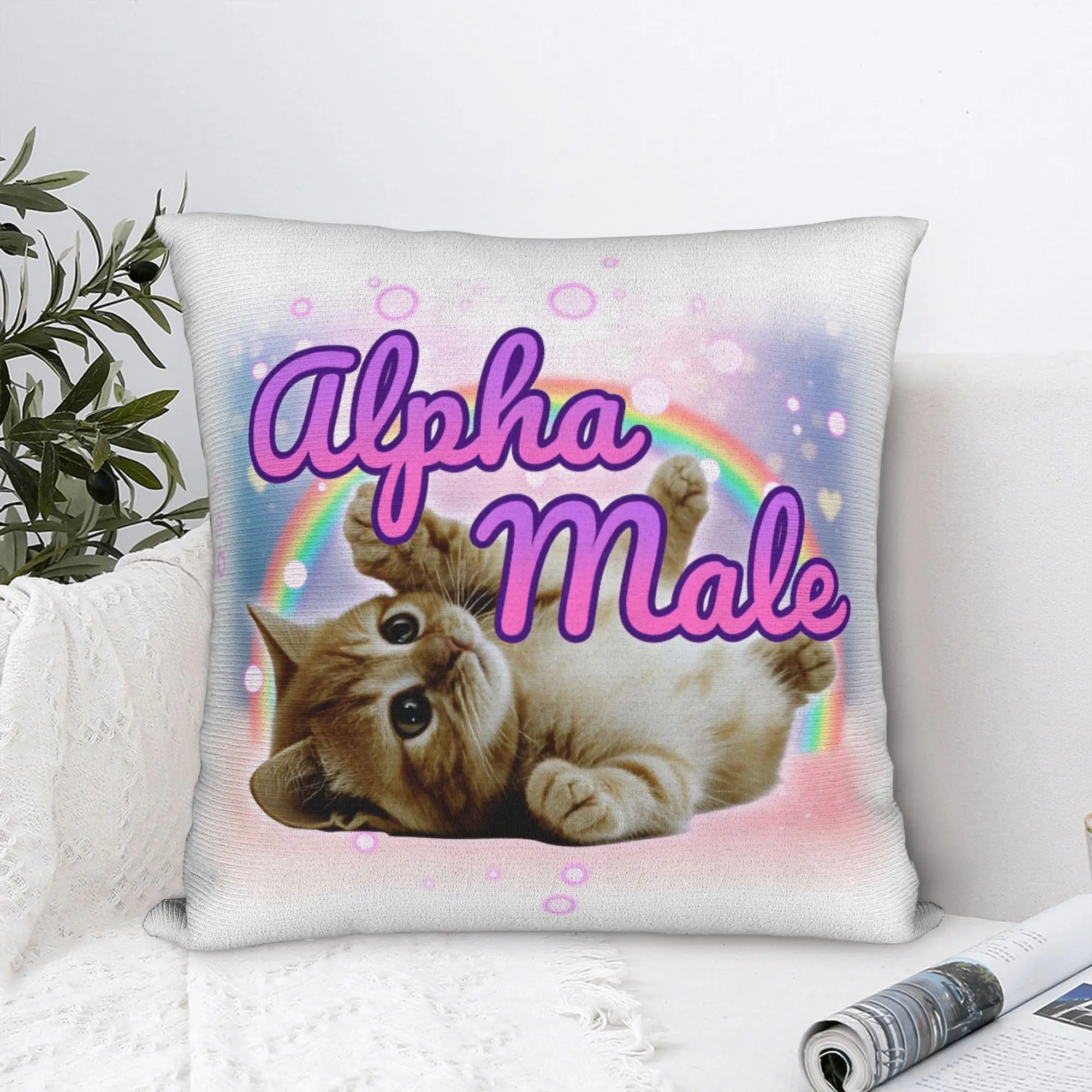 Alpha Male Cat Kitten Rainbow Floral Pillow Case  Comfy Pillow Cover Kawaii Cushion Cover For Sofa Car Home Decor