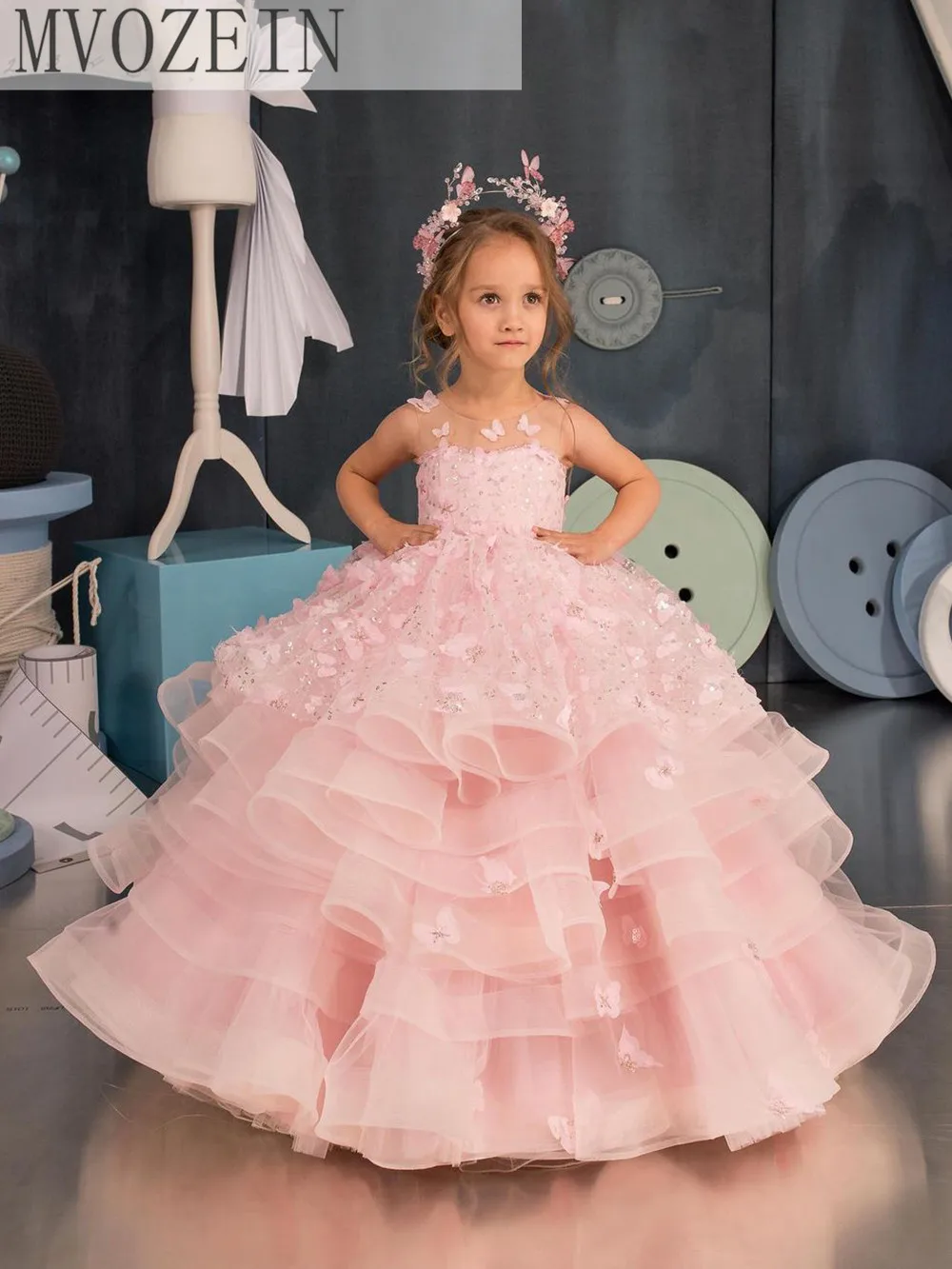 Vestido de princesa hinchado para niña, vestido de capas rosas, vestido de niña de flores, vestido de bebé lindo, vestido de primera comunión