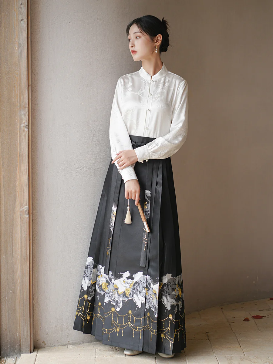 Conjunto de Falda con Bordado Floral Estilo Chino para Mujer, Marca ChuChan, Tela de Poliéster de Alta Gama, Ropa de Trabajo Elegante