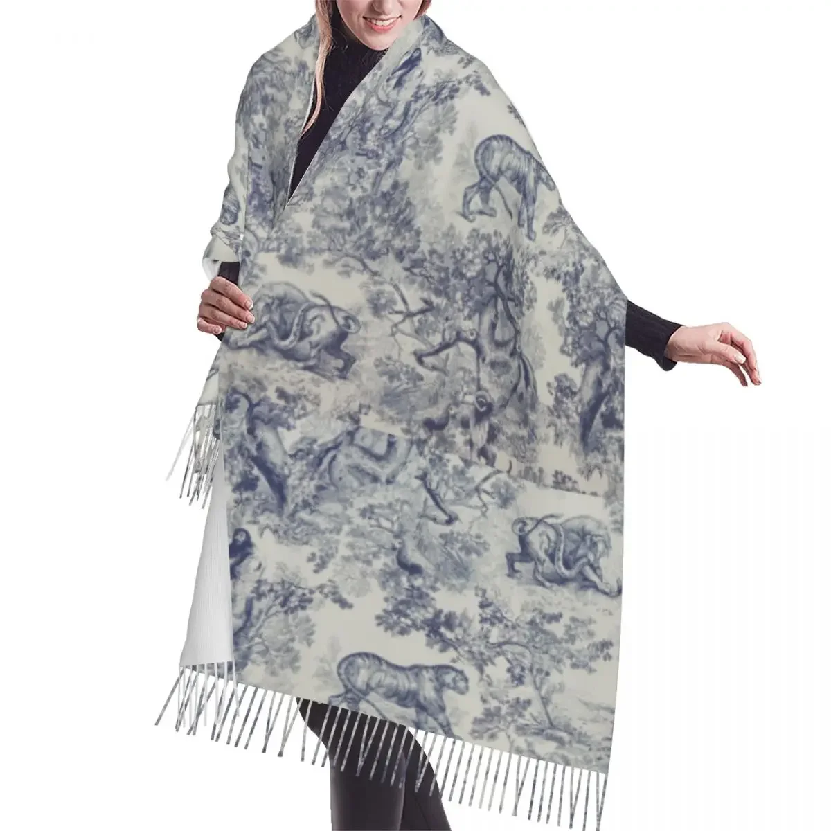 Lady Long French Toile De Jouy Navy Blue Motif Scarves Women Winter Thick Warm Tassel Shawl Wraps Animal Forest Floral Art Scarf