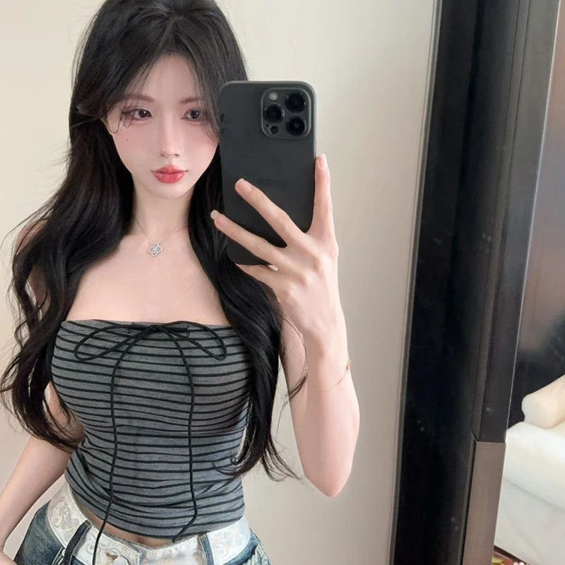 قميص قصير نسائي صيفي مخطط مثير برباط بدون حمالات بدون أكمام #4