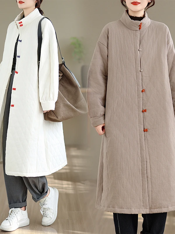 

Женское модное традиционное китайское пальто Thiened Cotton Jaet на пуговицах в стиле ретро в стиле дзен средней длины с кетом