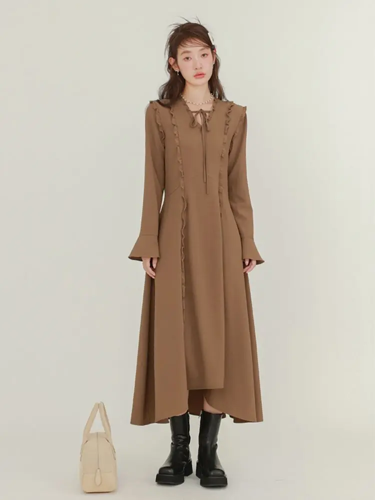 

Korea Female Elegant Chic Solid Pleated Loose Dress Fashion Casual V Neck Long Sleeve Dresses Summer Women High Street Robes