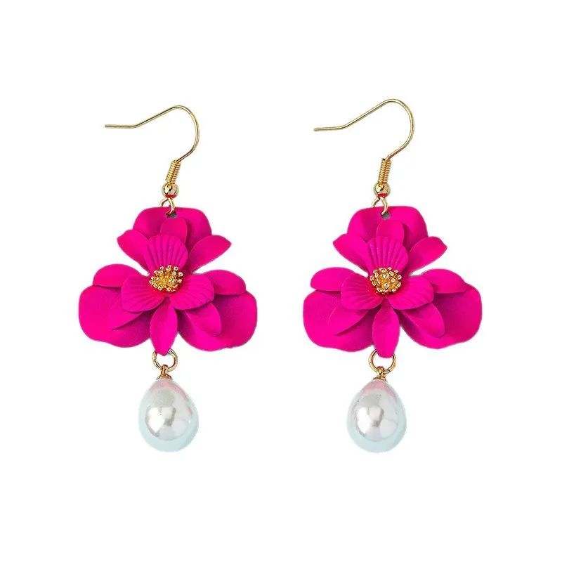 

SHXIS925 Silver Hypoallergenic Earrings, Bold Pink Floral & Faux Pearl Drops, Vintage - Chic Jewelry2025