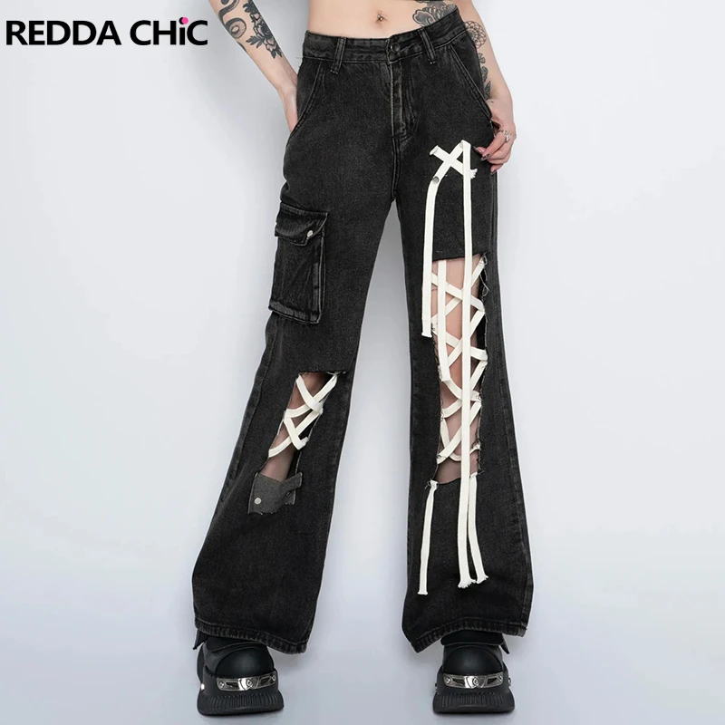 

REDDACHiC Bandage Destroyed Black Baggy Jeans Women Cargo Pockets High Waist Trousers Casual Wide Pants Y2k Harajuku Streetwear