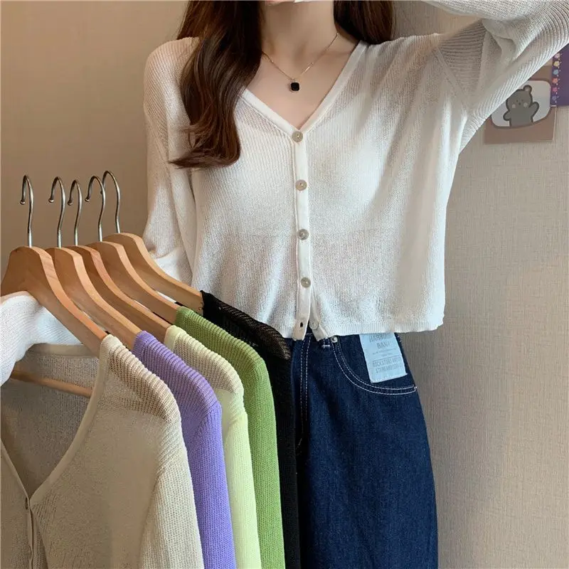 

Summer Cardigan for Women Long Sleeves Thin Knitwears Tops Women's Sweater Jacket Ice Silk Korean Fashion Blouse Over Fit P245