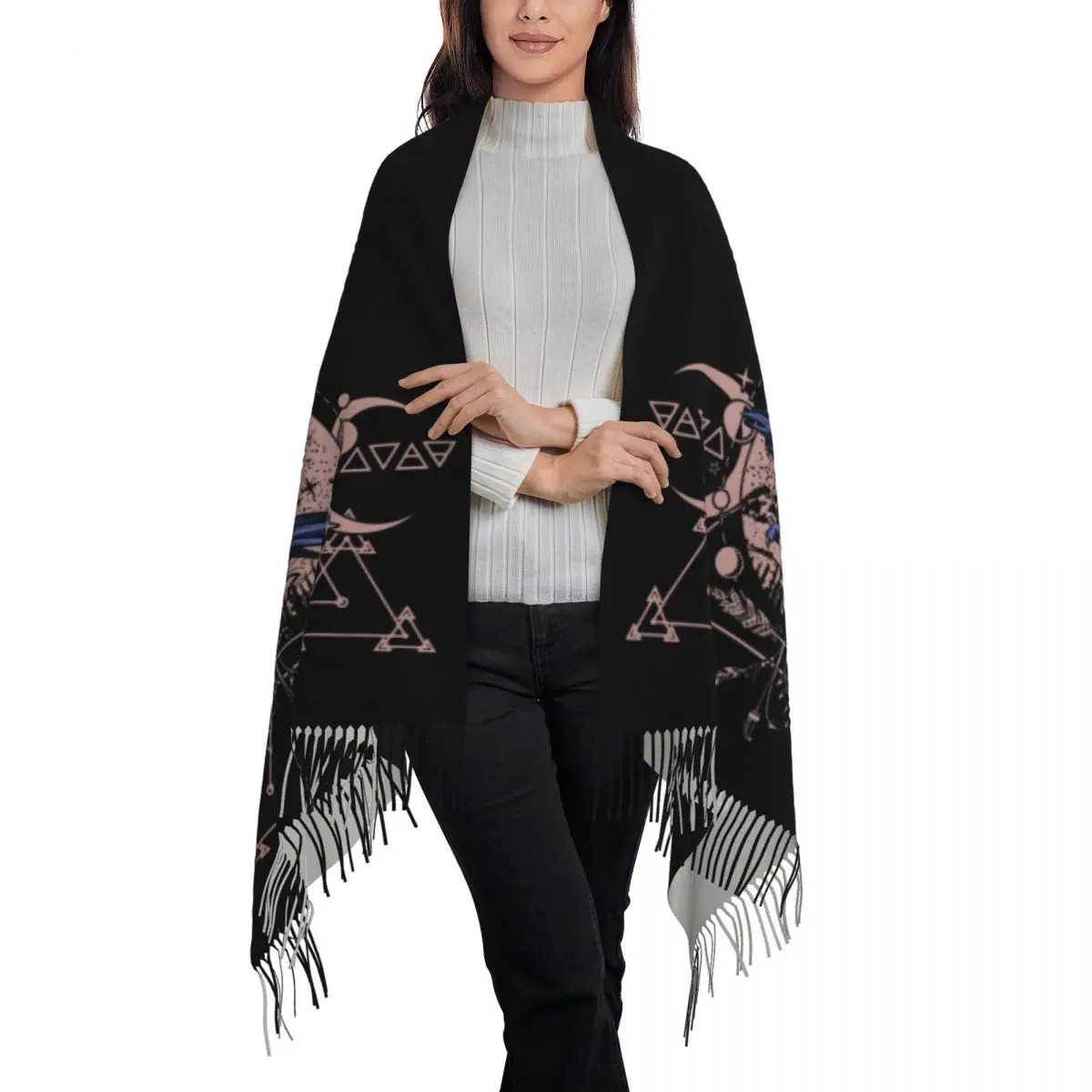 Lenços Mandala Wiccan Long Raven para mulheres, xale personalizado para senhoras, grosso e quente, envoltório de borla, inverno