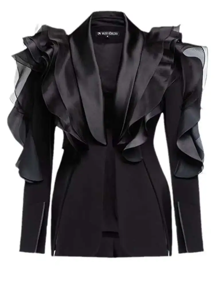 KWTX Blazer con design a volant in rete Giacche da donna con vestibilità in vita raccolta Marea Cappotti femminili Temperamento Abbigliamento 2025 Primavera Nuovo