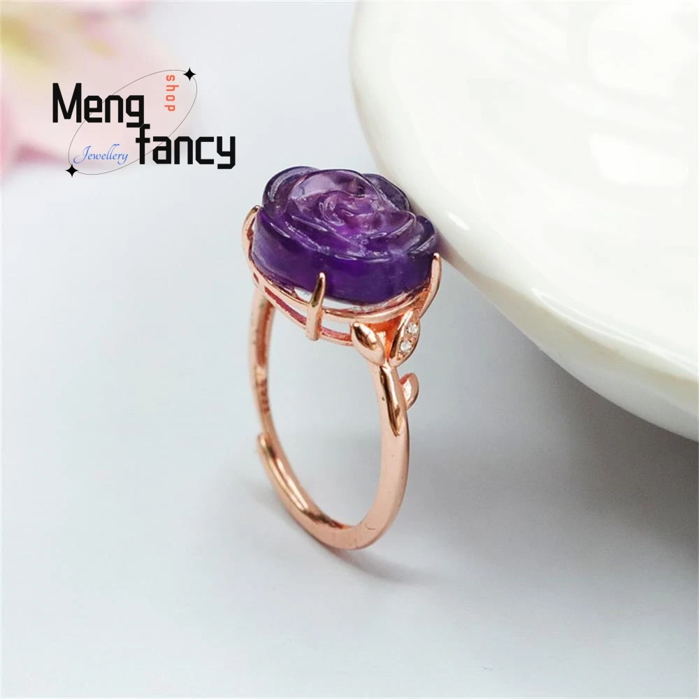 S925 Silver Natural Amethyst Best Selling Dating Adjustable Rose Ring High-grade Exquisite Elegant Couple Fashion Luxury Jewelry