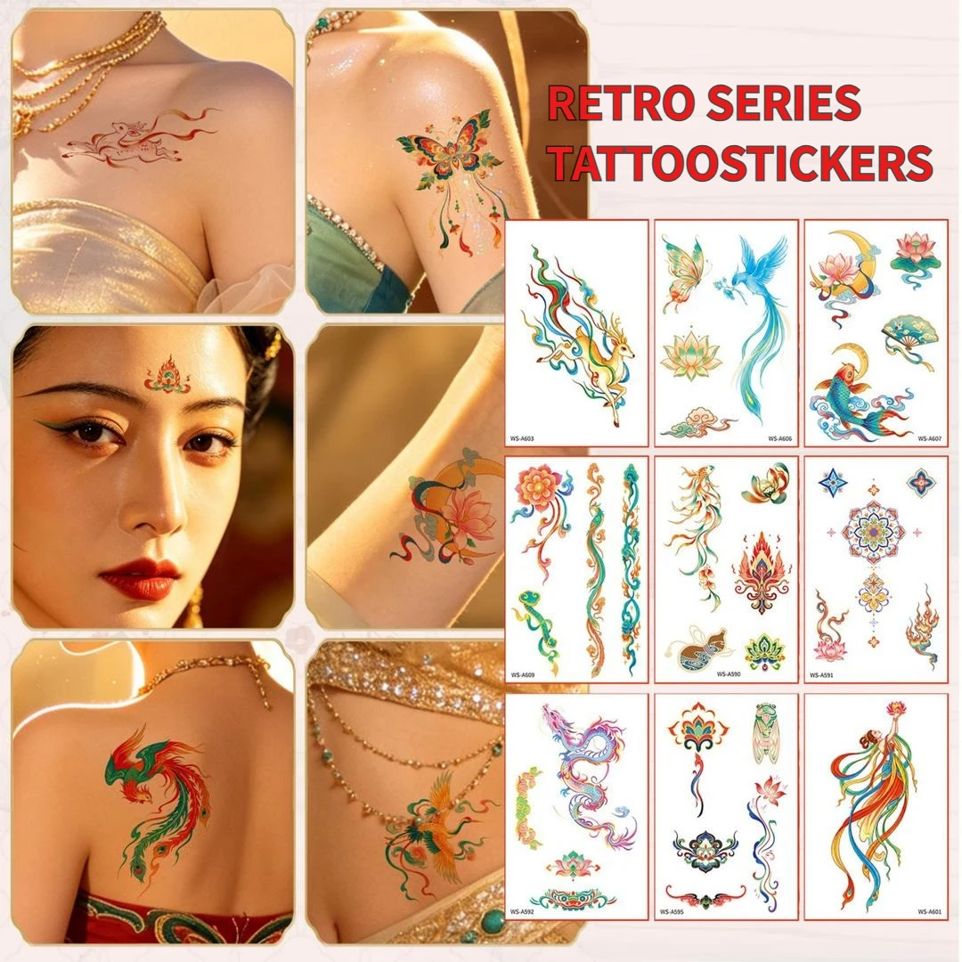 A 6/9 Rainbow Deer Phoenix Flower Waterproof Temporary Tattoo Stickers Butterfly Narcissus Rose Lotus Arm Painting Fake Tattoo