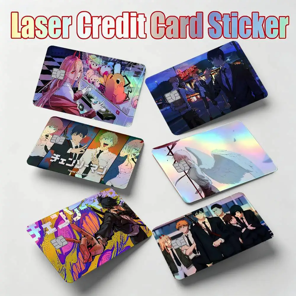 C-Chainsaw Man Japanese 4Pcs Laser Card Stickers Vinyl Skin For Credit Debit Bank Cards Waterproof Resistant Protective