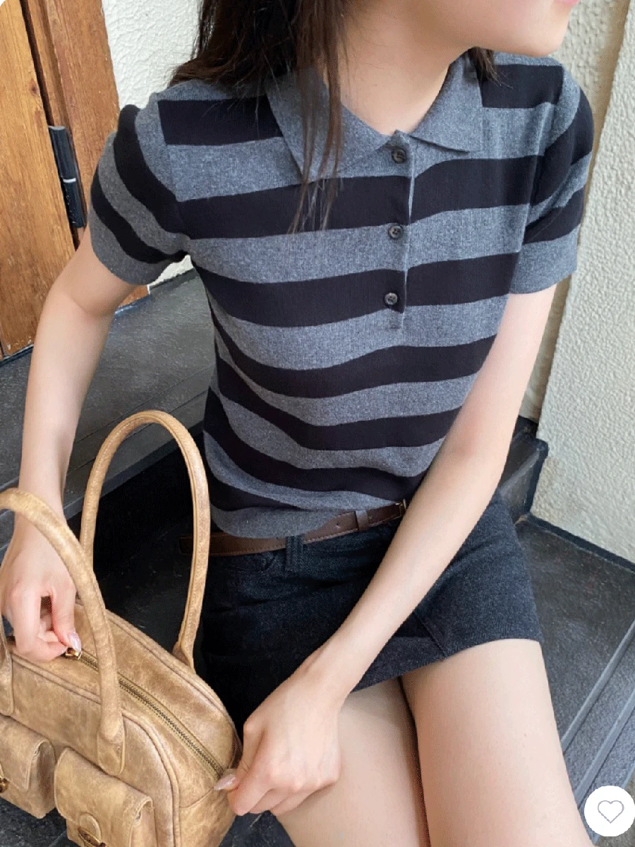 

Striped Knitted Slim T-shirt Women Summer Buttons Turn-down Collar Short Sleeve Tees Preppy Style Vintage Cotton Tshirts Tops