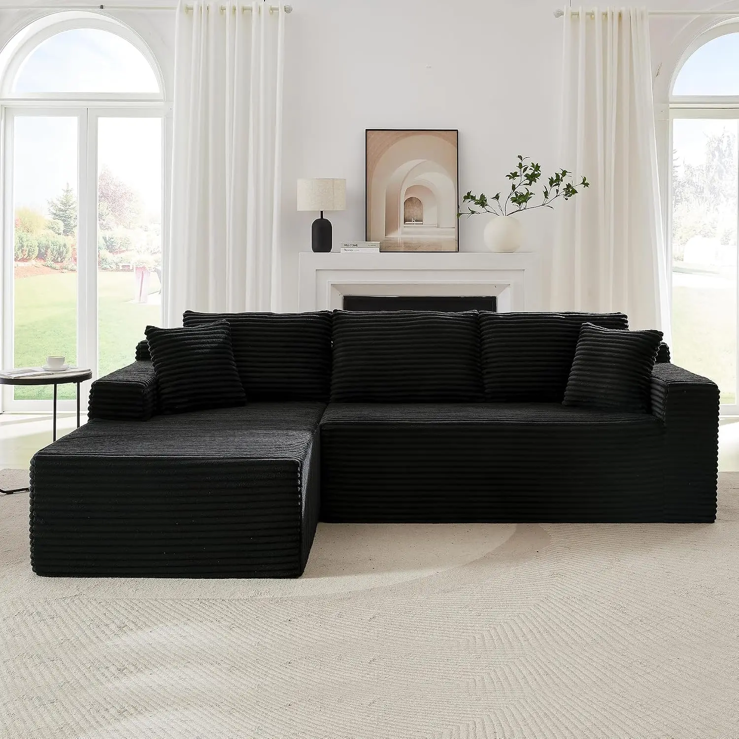 Black Corduroy Modular Sofa with L-Shape Chaise, Deep Seat Compress Foam, No Assembly Required, Customized