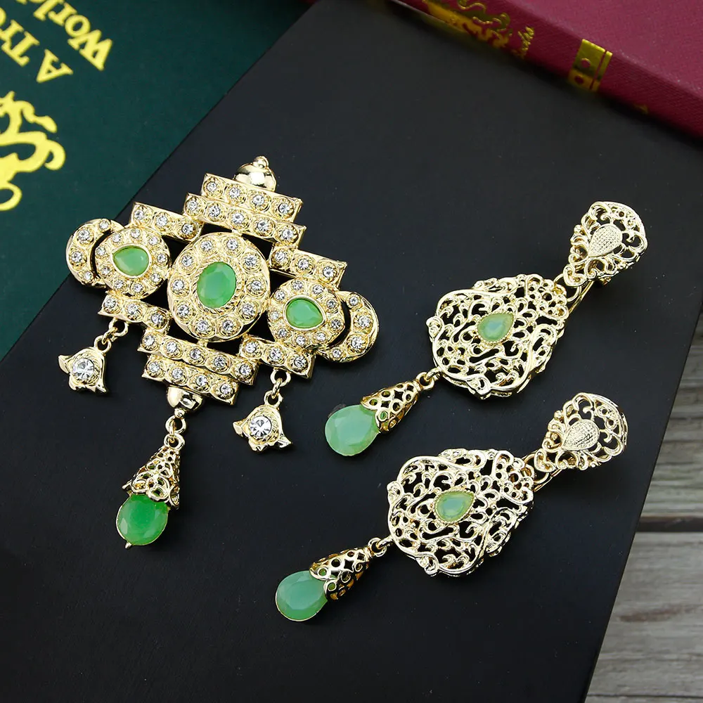 Sunspicems Elegent Morocco Bride Jewelry Sets For Women Caftan Brooch Pins Long Drop Earring Crystal Arabic Scarf Brooch Set