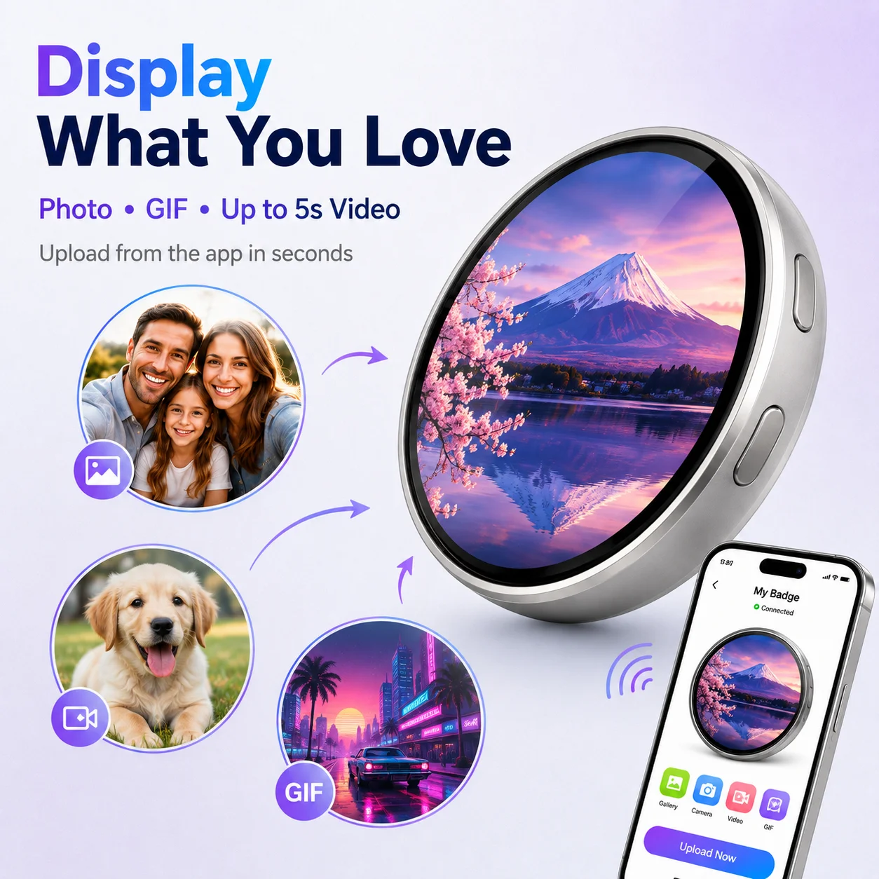 Dynamic Electronic Badge Pin 1.7 Inch Touch Screen Anime E-Badge Display for Game Peripherals Fans Friends Birthday Gift Cosplay