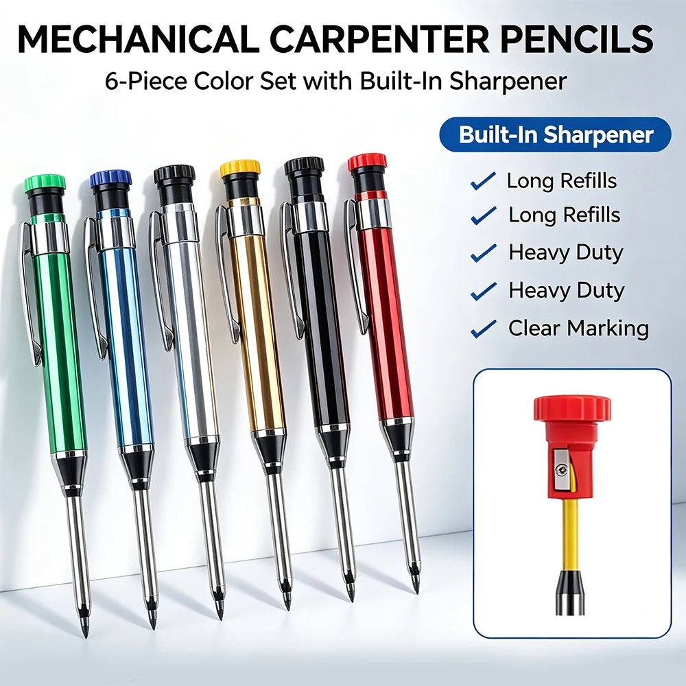 Metal Carpenter Mechanical Pencil with Sharpener, Duty Deep Hole Marker for Woodworking Construction Marking Tools