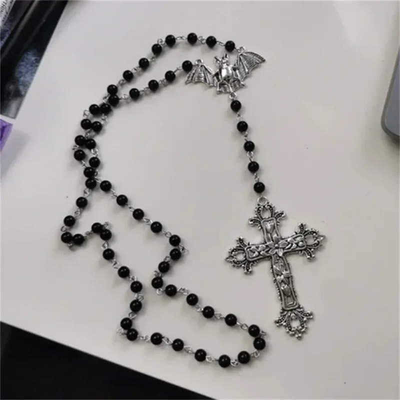 Vampire Bat Winged Dagger Cross Rosary Gothic Punk Alternative Pendant Necklace 2022 Fashion Charm Statement Women Gift