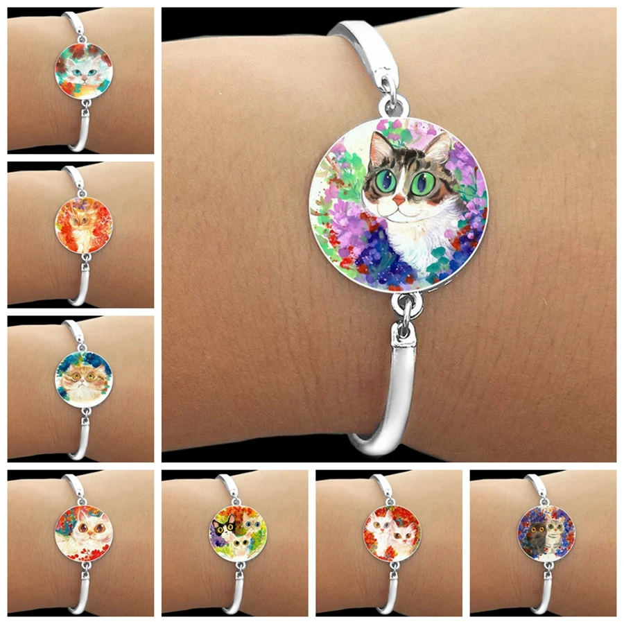 Bracelet chat dans le bosquet de fleurs, chat aux grands yeux peints en couleur, verre breton, métal, chat connaissant chaud, cadeau d'anniversaire 152