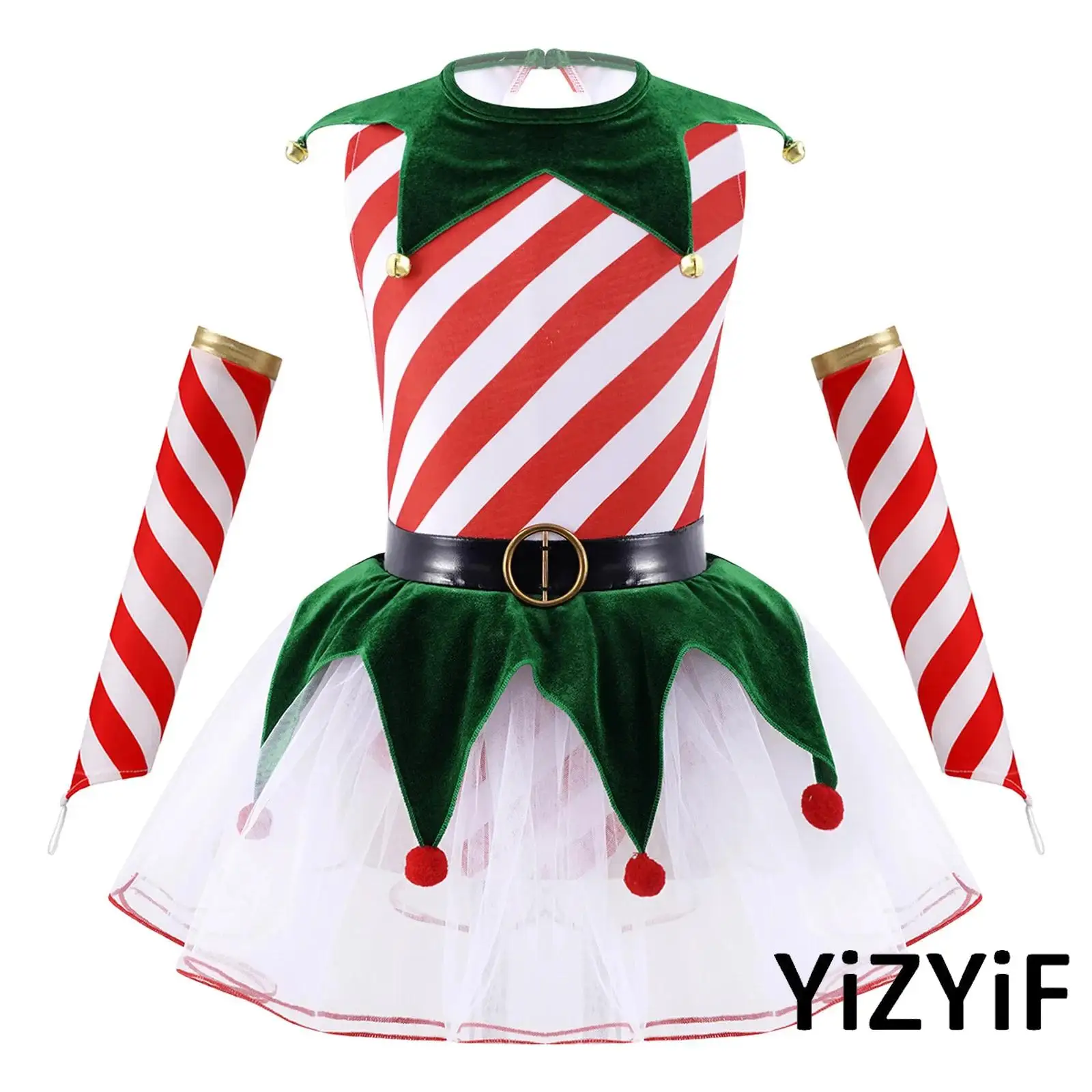 

Kids Girls Enchanting Christmas Tutu Dress with Bell Accents And Inverted Triangle Design Outfit with Oversleeves Xmas Dress